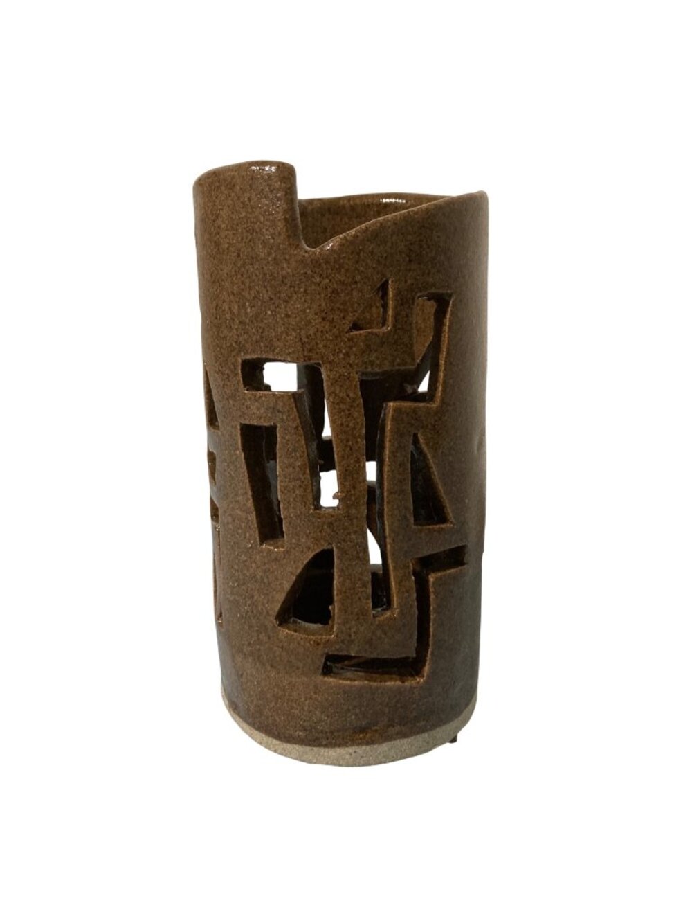 Handmade Brown Pottery Geometric Cut Out Luminary Candle Holder